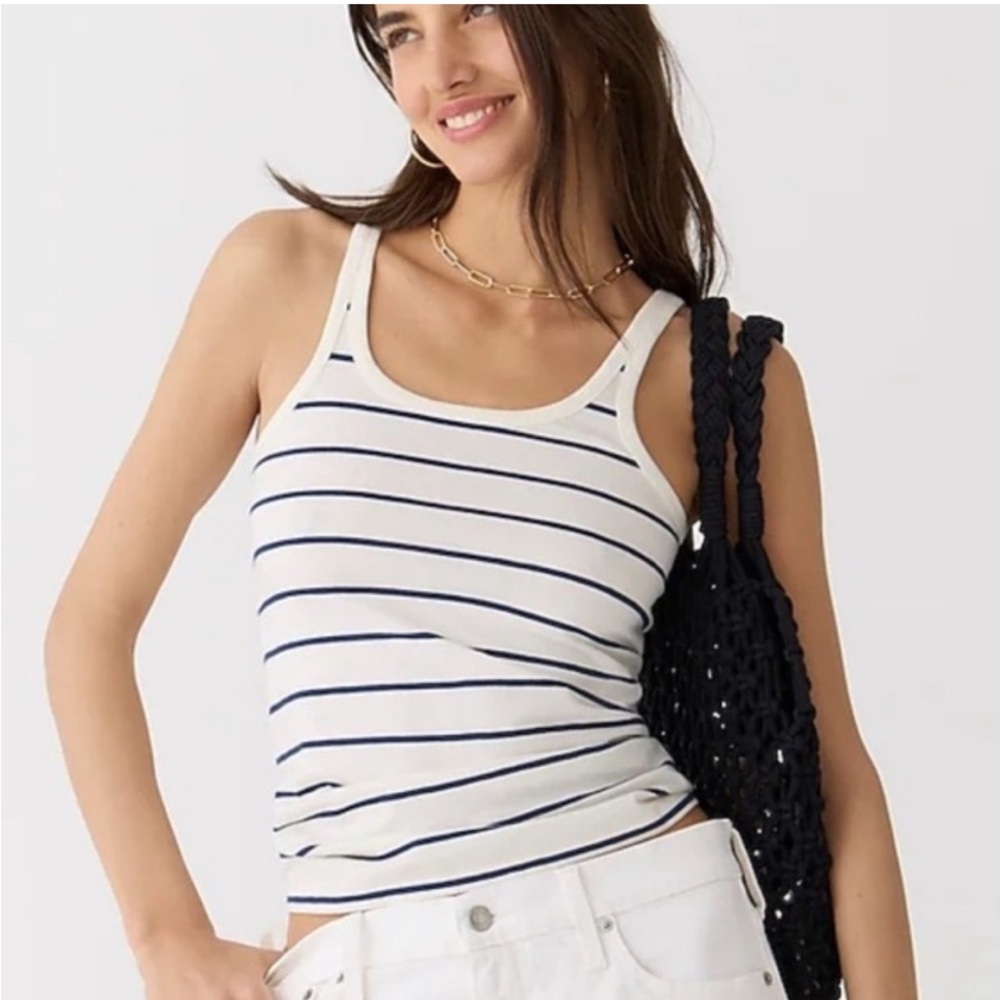Crew Scoop Neck Tank in Top striped organic slub cotton, Huntington ivory, XS